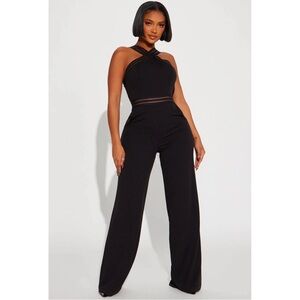 Elegant Black Jumpsuit high neck wide leg mesh cut out size xs zipper closure